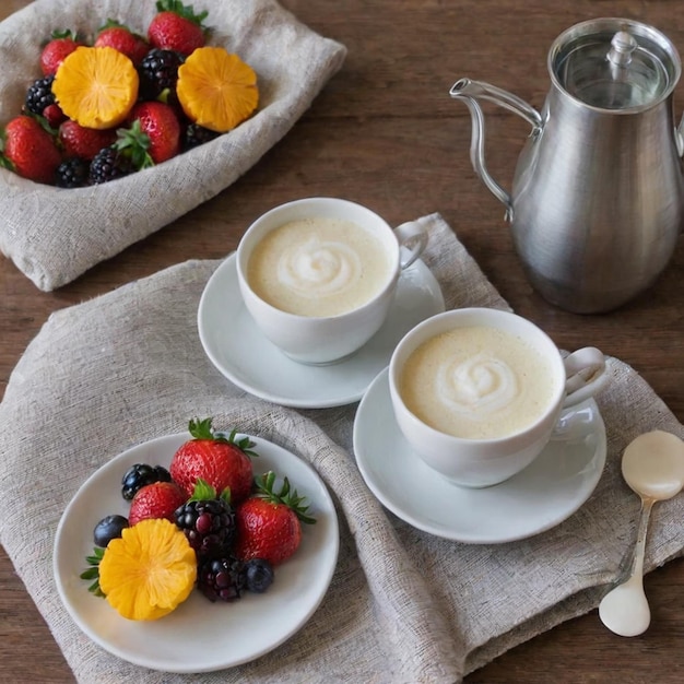 Cappuccino mit Obst und Milch auf einem hölzernen Hintergrund Frühstück mit Beeren und Kaffee