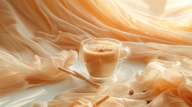 Cappuccino mit Zimtstäbchen auf einem weißen Hintergrund in den Strahlen der untergehenden Sonne
