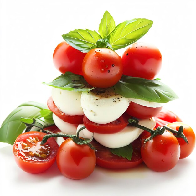 Caprese com tomates cereja inteiros sobre fundo branco