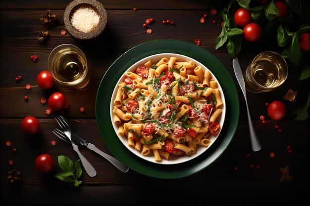 Caprese-Hühnerpasta und Soda für das Weihnachtsessen auf dem Holztisch mit Weihnachtendekoration