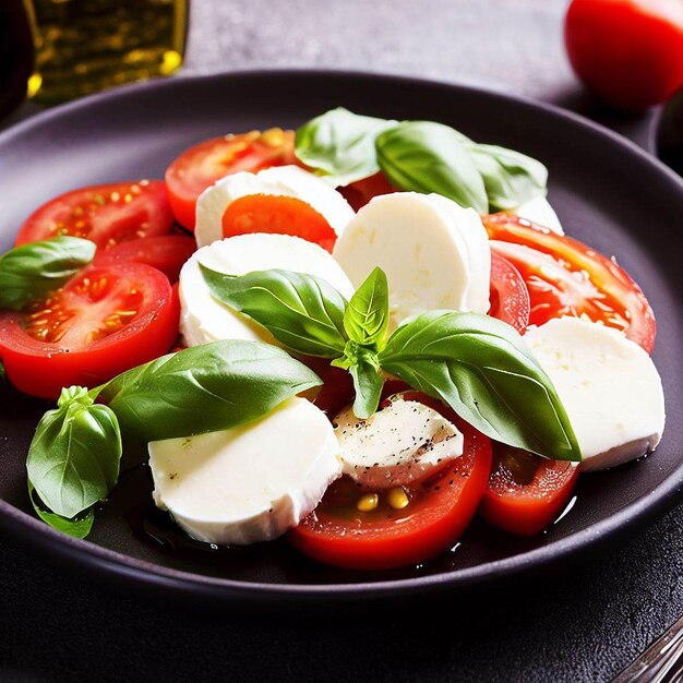 Caprese-Salat auf einem schwarzen Teller