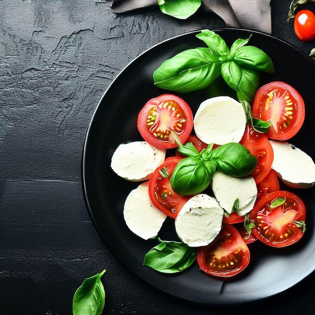 Caprese-Salat auf einem schwarzen Teller