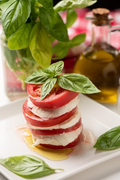 Caprese-Salat mit italienischem Mozzarella-Käse auf weißem Teller