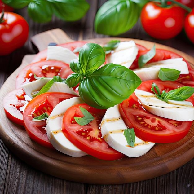 Caprese-Salat mit Mozzarella-Tomaten und Basilikum auf Holzbrett