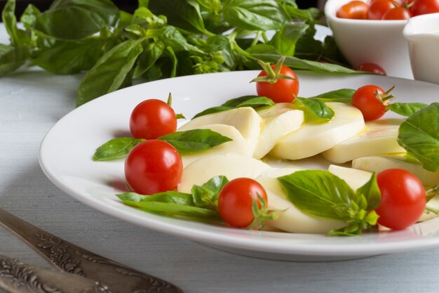 Caprese-Salat mit reifen Tomaten und Mozzarella mit frischen Basilikumblättern. Italienisches Essen.