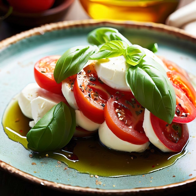 Caprese-Salat mit Tomaten, Mozzarella, Basilikum und Olivenöl auf einem Teller