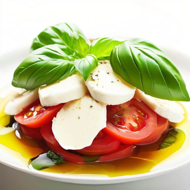 Caprese-Salat mit Tomaten, Mozzarella, Basilikum und Olivenöl auf weißem Hintergrund