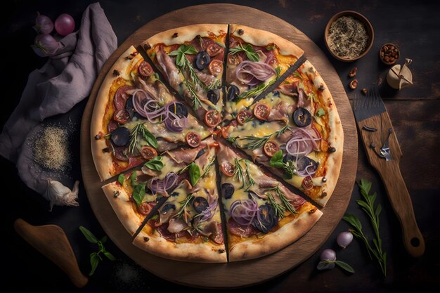 Capricciosa-Pizza aus Schinken und Pilzen. Traditionelle italienische Pizza-Food-Fotografie