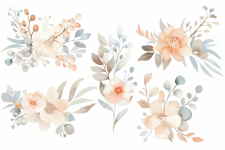 Capricho acuarela clipart conjunto con suaves ramos de bebé pastel margen blanco alrededor de cada uno y aislado en un fondo blanco ar 32 Job ID 7ab6068faf084a2783fbb8bebaa65b12
