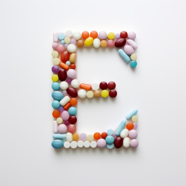 El capricho del arte de las pastillas La letra E en las coloridas pastillas médicas