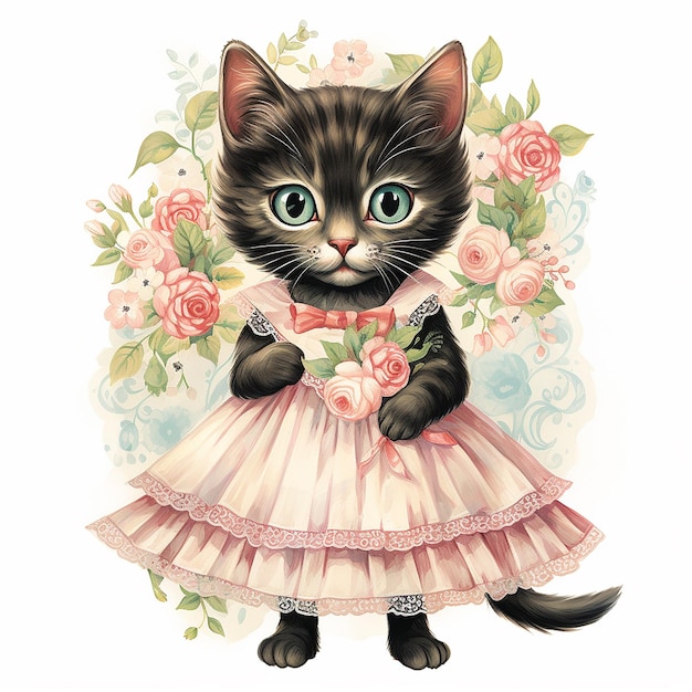 Capricho Kitty 50s Vintage Kitsch Ilustración de gato Clipart