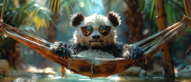 Una caprichosa acuarela de un panda en bikini relajándose en una hamaca entre palmeras gafas de sol