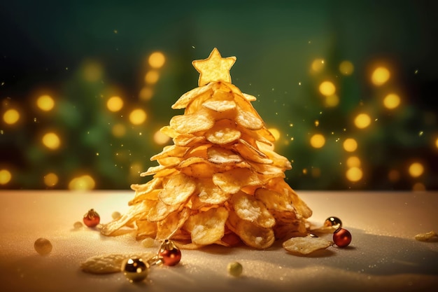 Caprichosa árvore de Natal decorada com chips Uma festa festiva para os olhos IA geradora