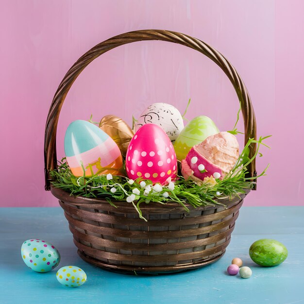 La caprichosa canasta de Pascua llena de golosinas dulces y decoraciones festivas para las redes sociales