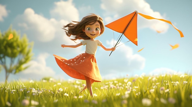 Una caprichosa chica de dibujos animados con cabello azul vibrante y una sonrisa contagiosa vuela alegremente una cometa colorida contra un cielo soleado lleno de nubes su juguetona falda mandarina baila en el viento ad