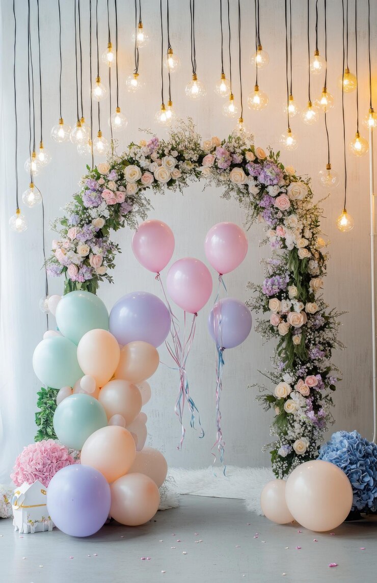 Una caprichosa configuración de cumpleaños con un arco floral globos de colores pastel y luces de hadas colgando en el fondo perfecto para una celebración de ensueño