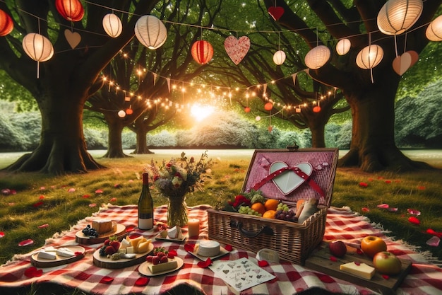 Foto la caprichosa configuración de picnic al aire libre para el día de san valentín ahora está disponible arriba