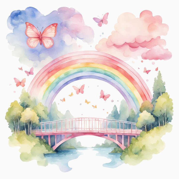 Una caprichosa escena de acuarela con una mariposa de tema rosa claro y blanco, un arco iris vibrante y un puente sereno rodeado de exuberante vegetación