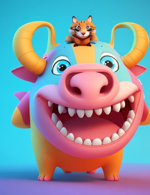 Una caprichosa ilustración en 3d de un ícono animal de dibujos animados con una gran sonrisa brillante y un travieso