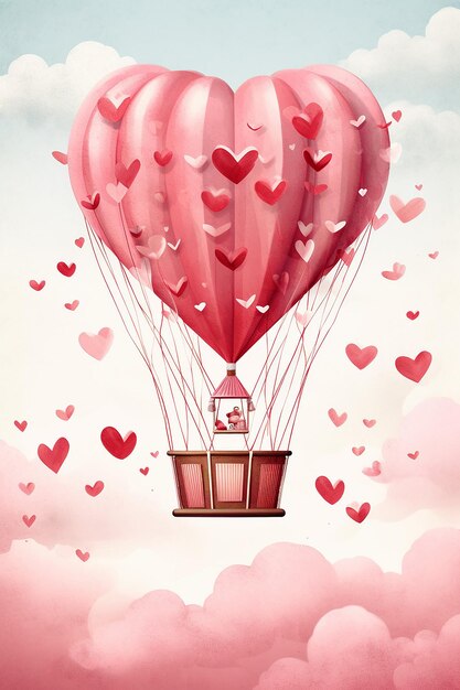 una caprichosa ilustración del Día de San Valentín de un globo de aire caliente volando en el cielo