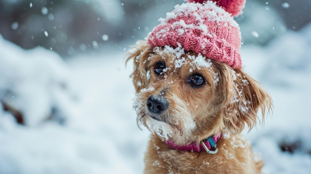 La caprichosa maravilla del invierno Un cachorro rústico con una festiva gorra carmesí en medio de un paisaje nevado