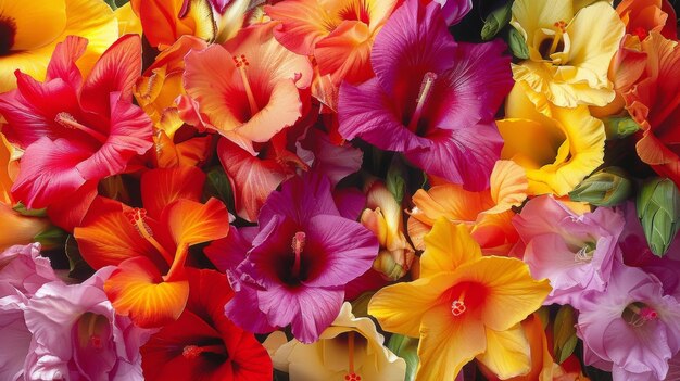 Foto una caprichosa mezcla de hibiscus gladiolus y freesias que rebotan con colores tropicales