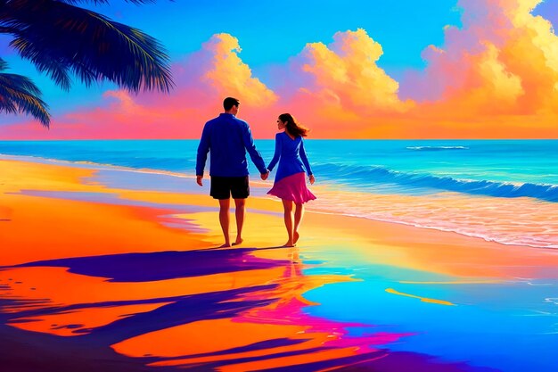 Una caprichosa pintura de arte digital de una pareja caminando por la playa AI_Generated