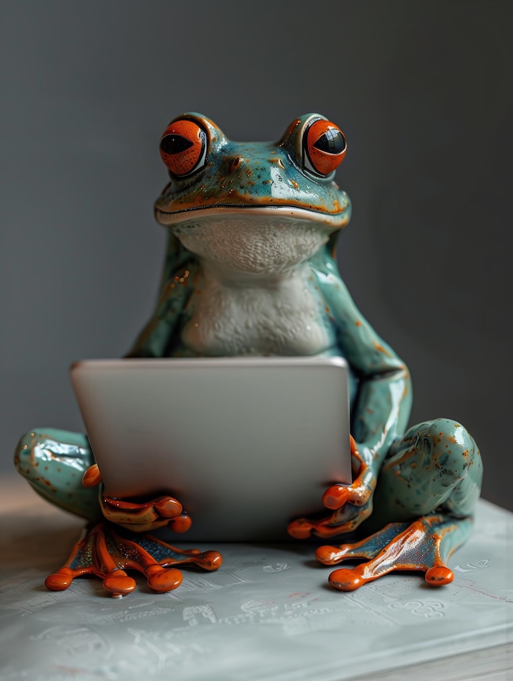 Foto una caprichosa rana de cerámica se sienta con una computadora portátil mostrando su comportamiento lúdico en el interior ai generativa