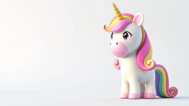 Una caprichosa representación en 3D de un lindo unicornio en posición de pie con un cuerno de color arco iris y ojos encantadores esta adorable criatura se sienta contra un fondo blanco limpio