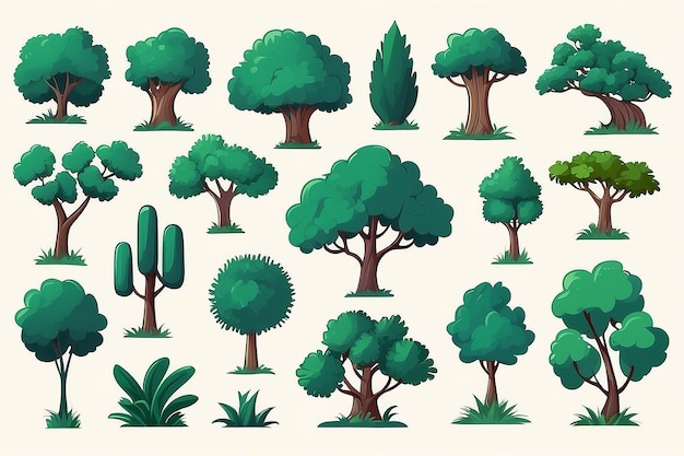 Foto caprichosas delicias arbóreas plano dibujado a mano árbol de dibujos animados y conjunto de colección de arbustos