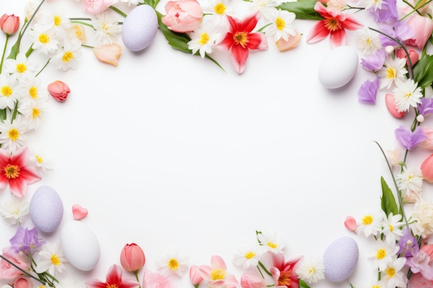 Caprichosas flores de primavera y huevos en flor en un lienzo blanco AR 32