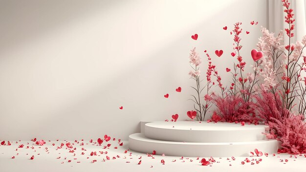 Caprichosas flores rosas y corazones en un expositor blanco