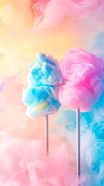 Un caprichoso algodón de azúcar en palitos coloreados en oníricos tonos rosados y azules flota en medio de una suave