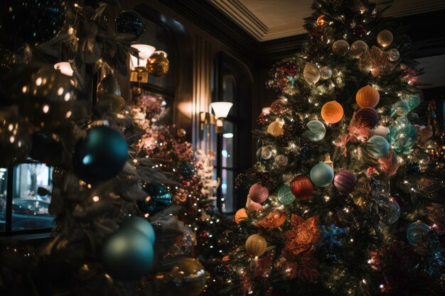 Un caprichoso árbol de temática festiva con adornos, luces y otras decoraciones.