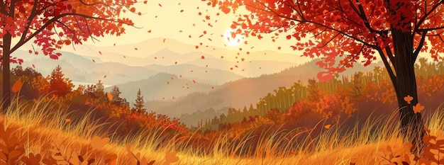 Caprichoso bosque de otoño con majestuosas montañas en la distancia Generativo AIxA