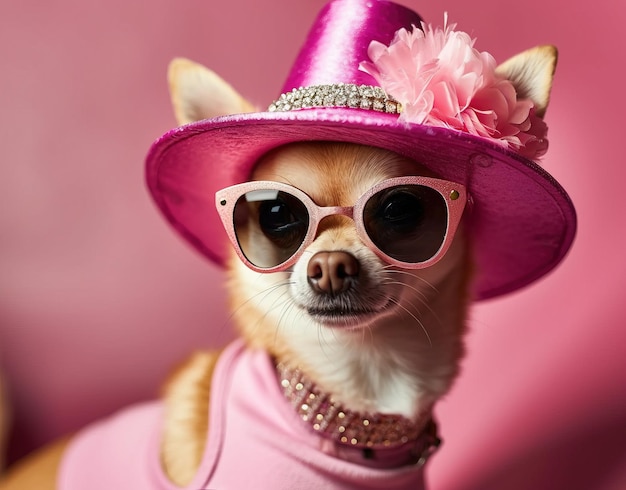 Foto el caprichoso chihuahua con un vibrante sombrero rosa y gafas de sol de moda listo para enfrentarse al calor del verano