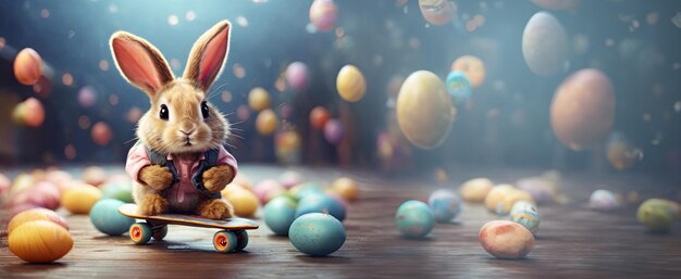 Foto un caprichoso conejo de pascua en una patineta con huevos decorados