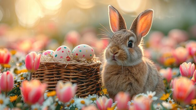 El caprichoso conejo de Pascua entre tulipanes y huevos