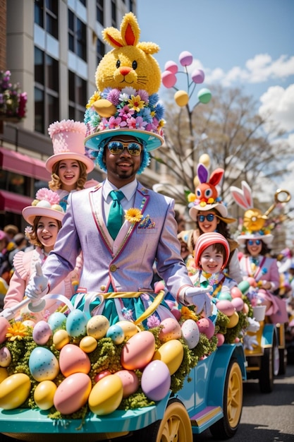 Un caprichoso desfile de Pascua con carrozas coloridas, bandas de música y carácter consumido