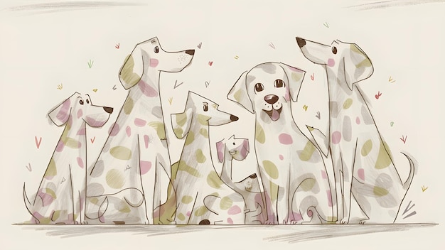 Un caprichoso dibujo a lápiz de perros adorables en colores pastel al azar que muestra un estilo minimalista