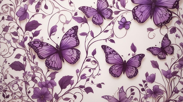 Foto un caprichoso dibujo a mano de mariposas púrpuras diseño de papel pintado