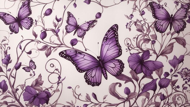 Un caprichoso dibujo a mano de mariposas púrpuras diseño de papel pintado