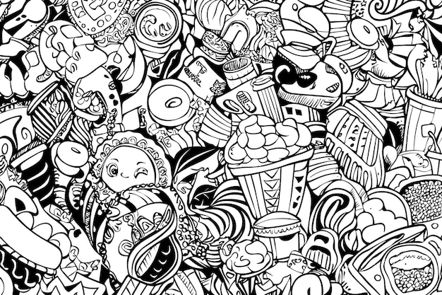 Un caprichoso doodle en blanco y negro Una colección caótica de alimentos y bebidas Esbozos de personajes y formas abstractas