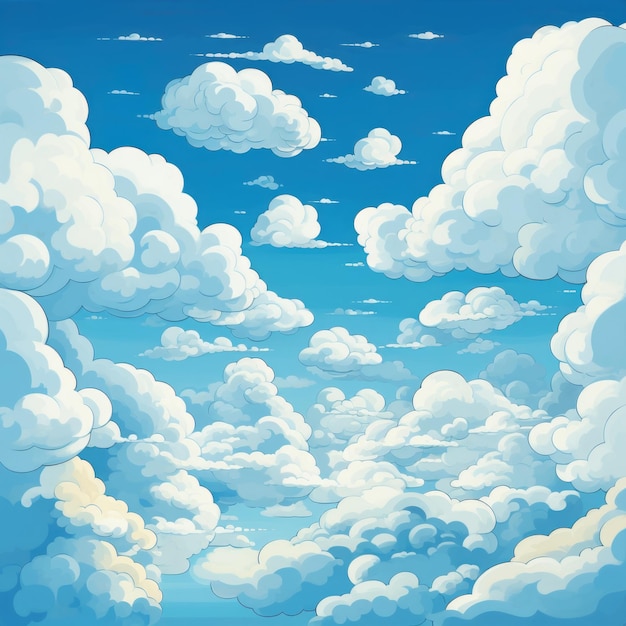 El caprichoso encanto de un cielo de dibujos animados Un dosel azul adornado con nubes hinchadas de dos capas