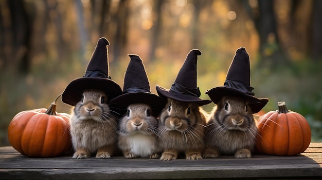 Foto caprichoso grupo de conejos de halloween en sombreros de brujas ilustración vectorial encantadora