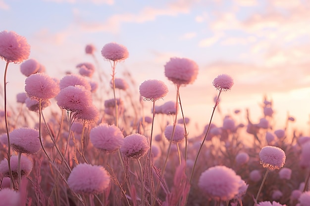 Un caprichoso jardín en tonos pastel florece bajo un cielo teñido de rosas