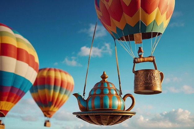 Foto un caprichoso paseo en globo aerostático con una tetera y una taza