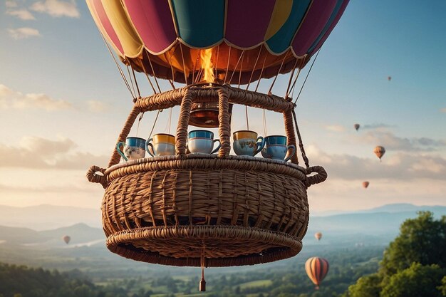 Foto un caprichoso paseo en globo aerostático con una tetera y una taza