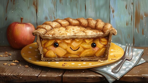 Caprichoso pastel de manzana con caras sonrientes en un entorno casero rústico