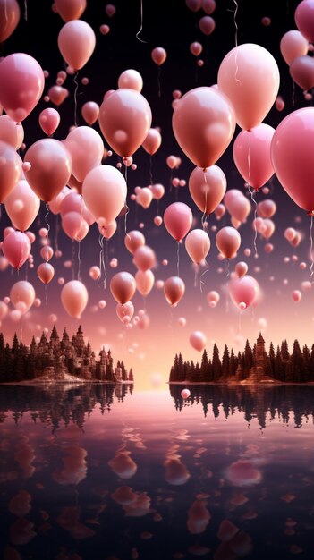 Un caprichoso patrón de globos rosas decora una animada fiesta bajo estrellas titilantes Vertical Mobile Wallp
